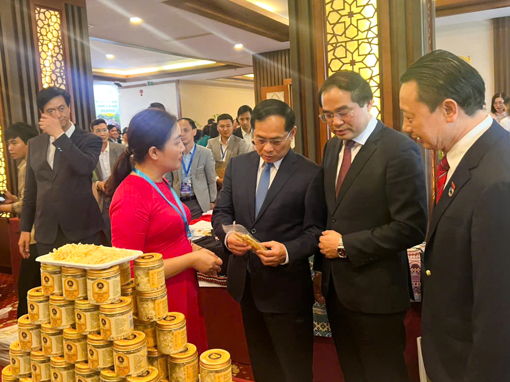 Bà Trần Thanh Huyền (Phó Tổng Giám đốc Điều hành, Tập đoàn Nguyễn Hồng) giới thiệu Phô mai Hun khói SOLSE với Phó Thủ tướng, Bộ trưởng Ngoại giao Bùi Thanh Sơn
