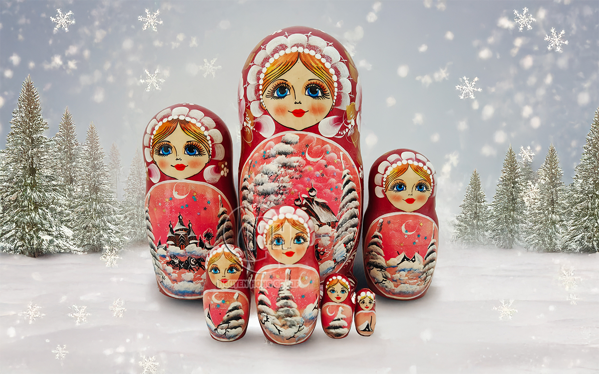 Búp bê Matryoshka ngôi nhà mùa đông hồng