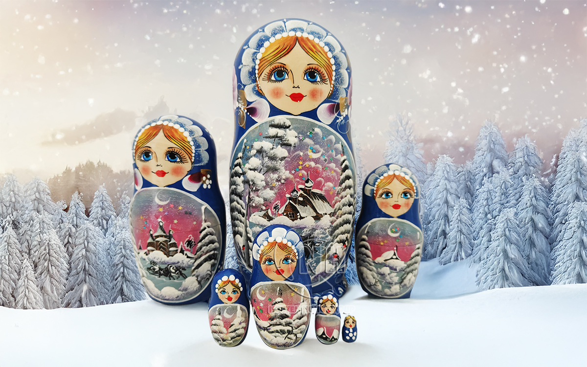 Búp bê Matryoshka ngôi nhà mùa đông xanh dương