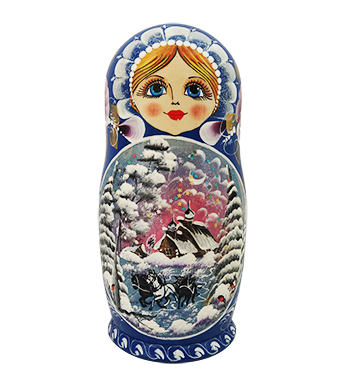 Búp bê Matryoshka ngôi nhà mùa đông xanh dương